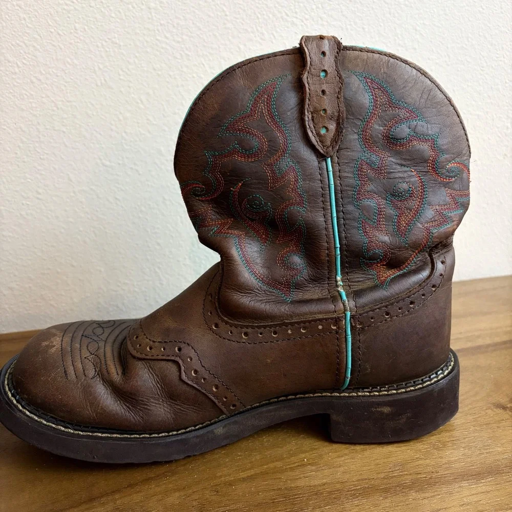 Justin Cowboy Boots 11B Brown Leather Turquoise Stitch Western Kids L9607